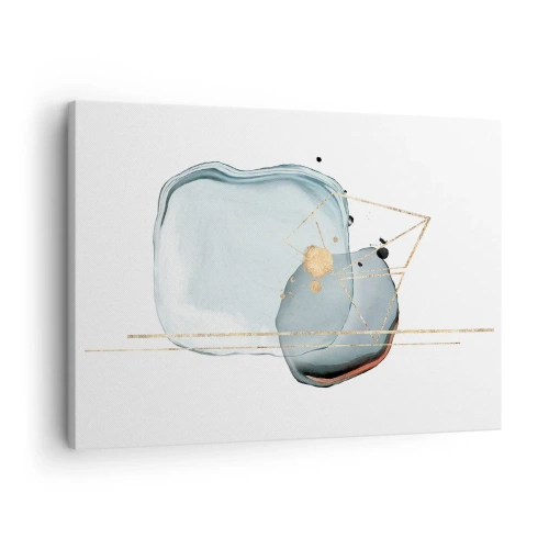 Canvastavla - Bild på duk - Abstrakta former i nyanser av blått och guld på vit bakgrund - 70x50cm - En studie av droppar - Modern väggdekoration för vardagsrum och sovrum ARTTOR