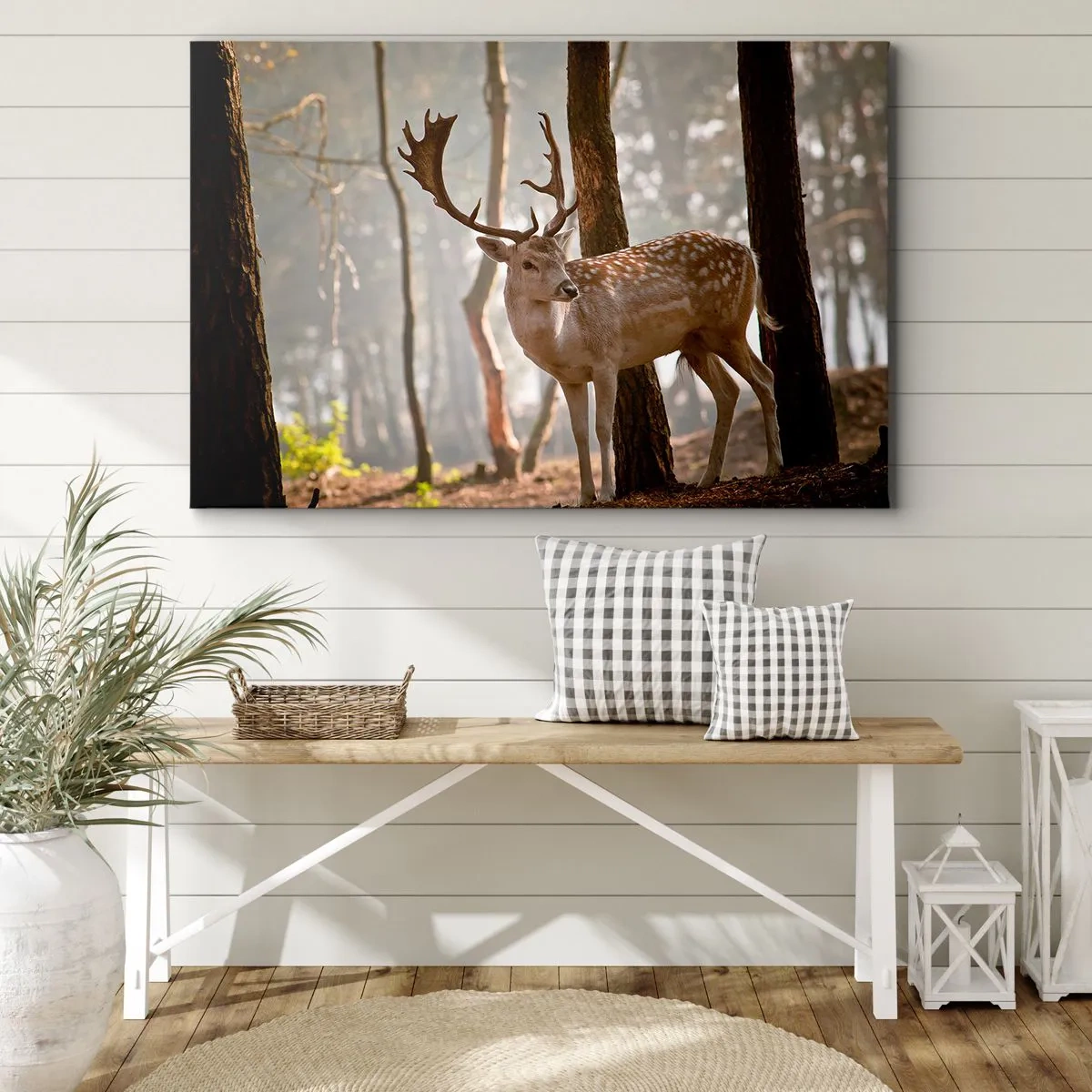 Canvastavla - Bild på duk - Hjortar i skogen i morgondimman - 70x50cm - Ungdomens ljus - Modern väggdekoration för vardagsrum och sovrum ARTTOR