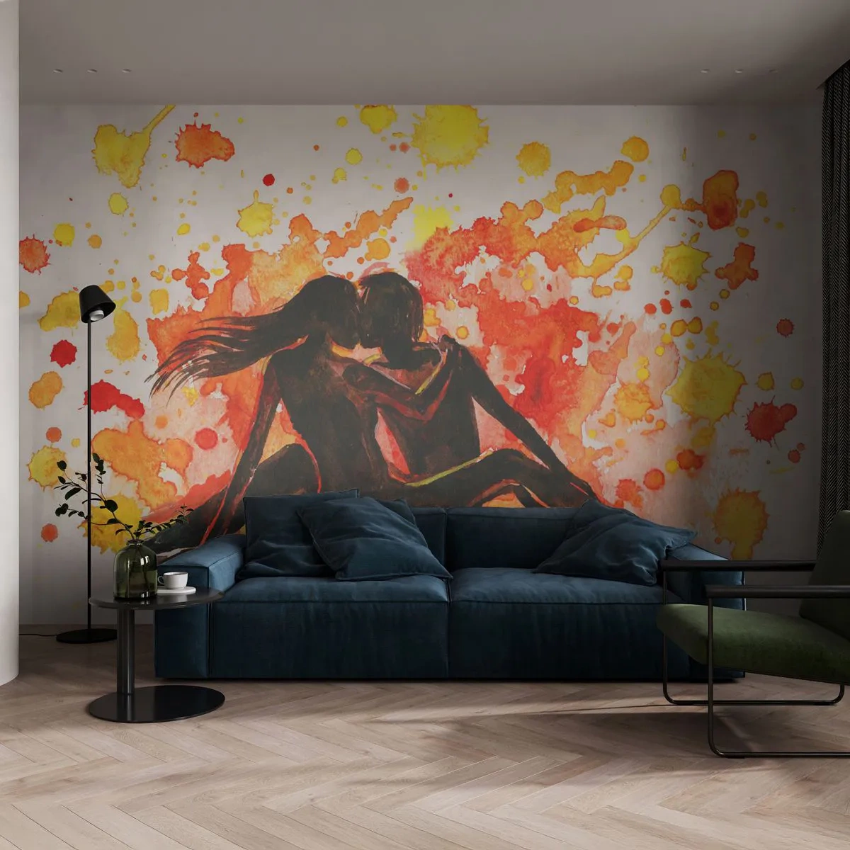 Fototapet Standard Eco - Silhuetter av ett förälskat par i en akvarell explosion av färger - 100x70cm - Och så blev det ljus - Modern väggdekoration för vardagsrum och sovrum ARTTOR
