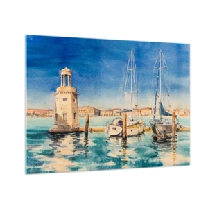 Glastavla - Bild på glas - Akvarell marina med en fyr och förtöjda yachter - 70x50cm - Solig lagun - Modern väggdekoration för vardagsrum och sovrum ARTTOR