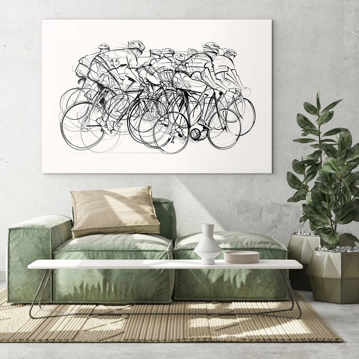 Glastavla - Bild på glas - Skiss av en grupp cyklister under ett lopp mot en vit bakgrund - 70x50cm - Lagarbete - Modern väggdekoration för vardagsrum och sovrum ARTTOR