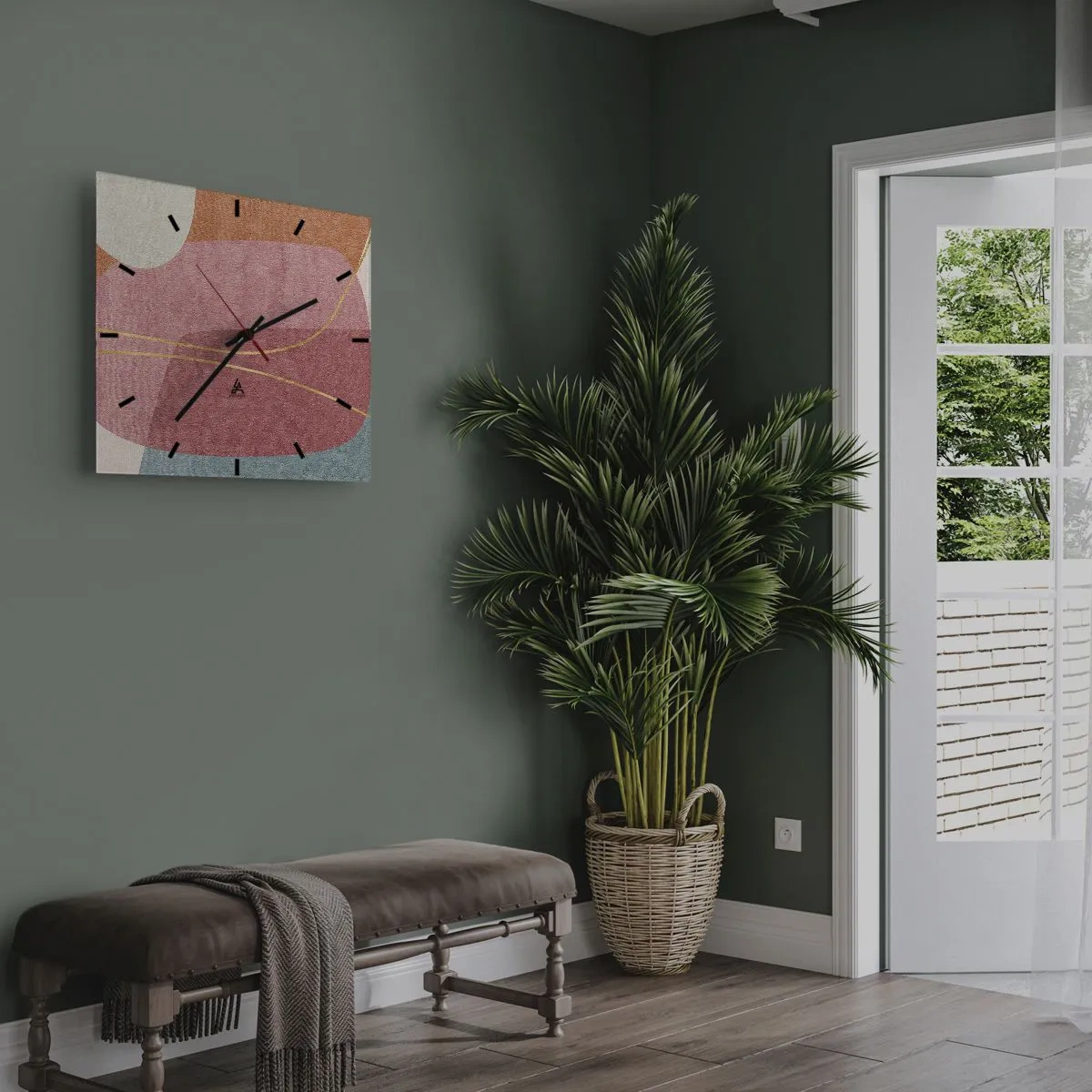 Väggklocka - Klocka på glas - Pastellkomposition med guldtråd - 40x40 cm