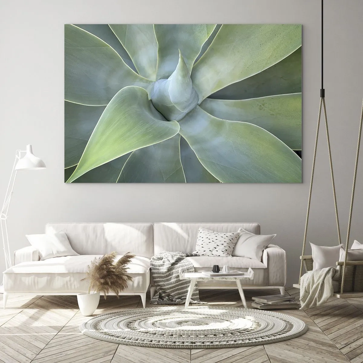 Glastavla - Bild på glas - Makrofotografi av en grön växt med spiralformade blad - 70x50cm - Det gröna föds - Modern väggdekoration för vardagsrum och sovrum ARTTOR