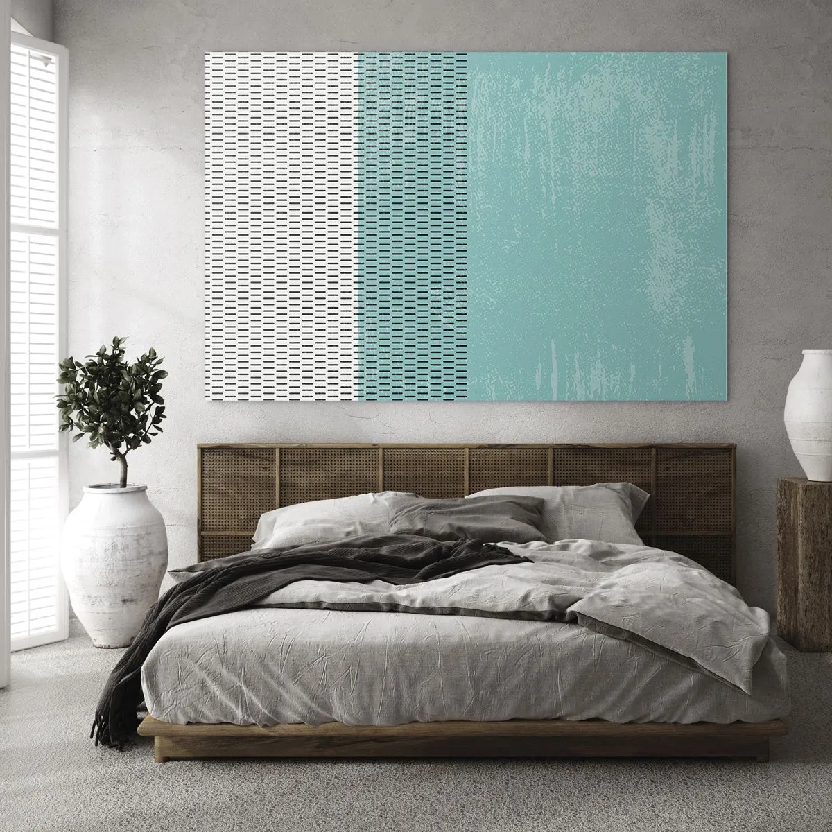 Glastavla - Bild på glas - Modern abstraktion i turkosa och vita färger - 70x50cm - Balanserad komposition - Modern väggdekoration för vardagsrum och sovrum ARTTOR