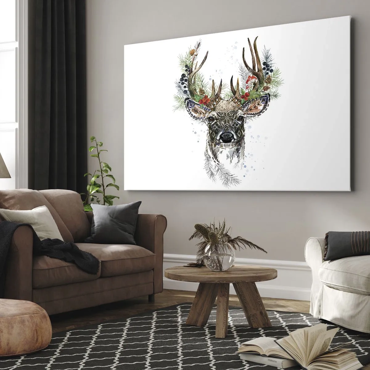 Canvastavla - Bild på duk - Stiliserad hjort med dekorativa horn på vit bakgrund - 70x50cm - I högtidskläder - Modern väggdekoration för vardagsrum och sovrum ARTTOR