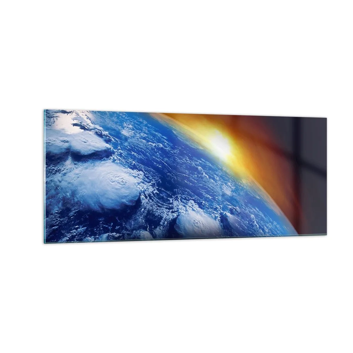 Glastavla - Bild på glas - Soluppgång över den blåa planeten - 100x40 cm