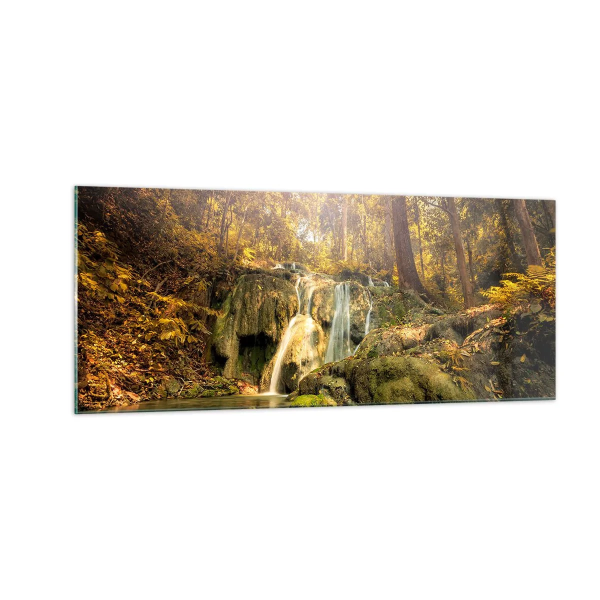 Glastavla - Bild på glas - Skogkaskad i grönt - 100x40 cm