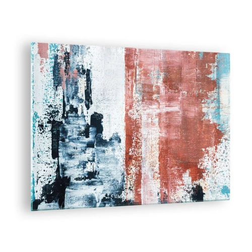 Glastavla - Bild på glas - En abstrakt kombination av blått och rostrött - 70x50cm - Abstrakt halvt om halvt - Modern väggdekoration för vardagsrum och sovrum ARTTOR