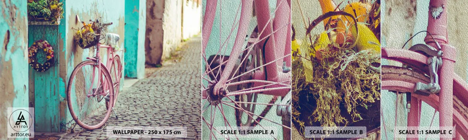 Provbit av fototapet Premium Sand - Strax tillbaka - Cykel, Arkitektur, Blommor - 100x30 cm