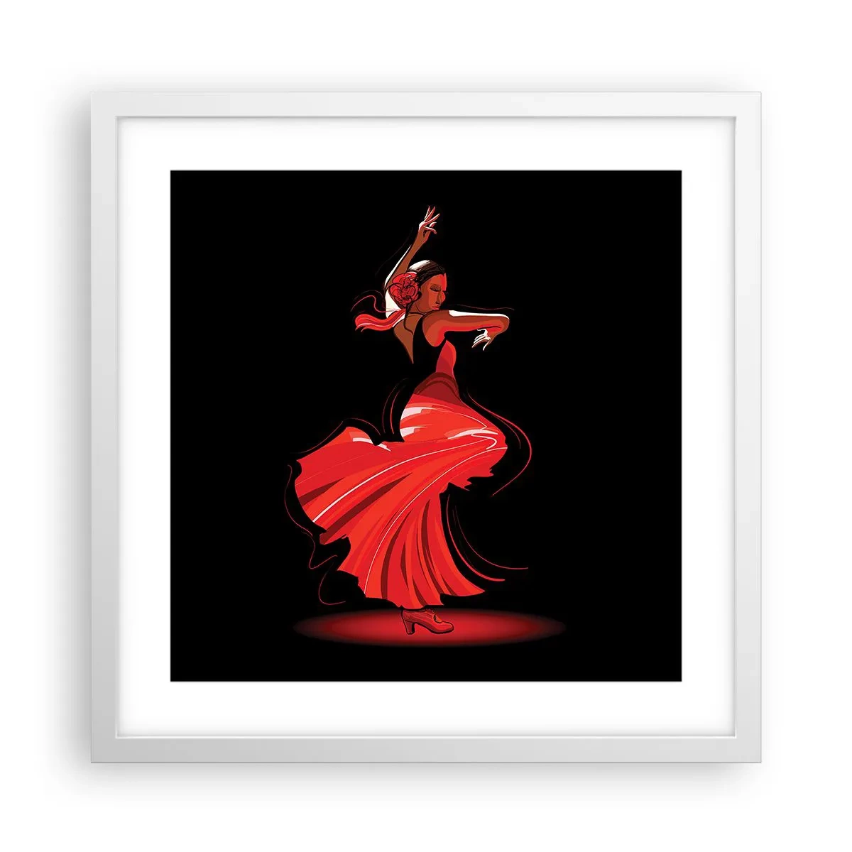 Affisch i vit ram - Flamencos brinnande anda - 40x40 cm