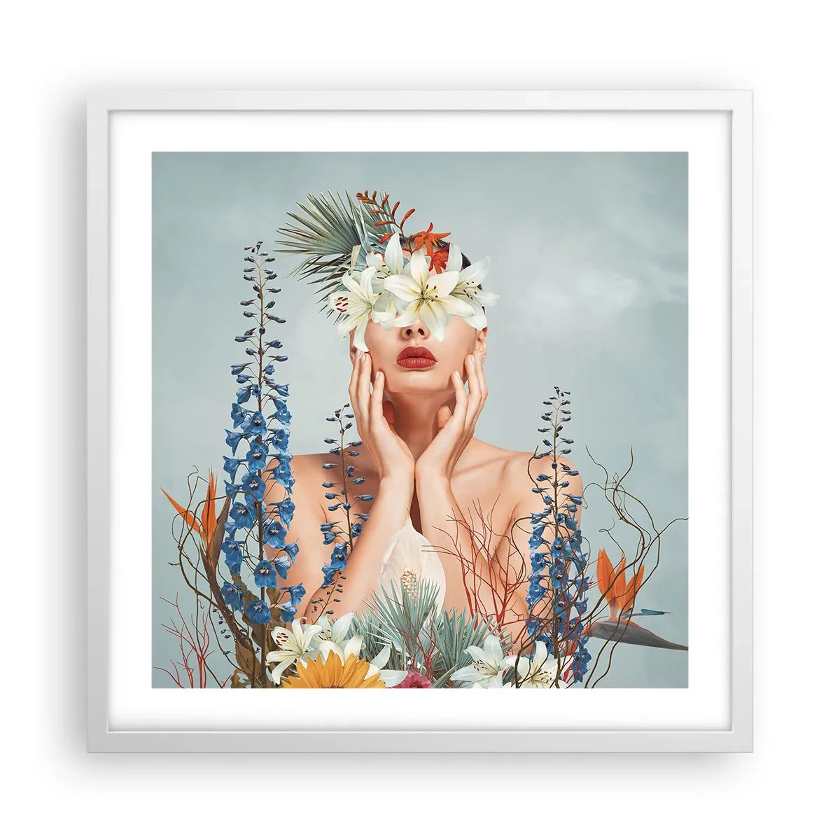 Affisch i vit ram - Kvinna - blomma - 50x50 cm