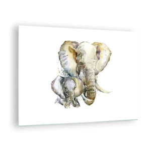 Glastavla - Bild på glas - Konstnärliga elefanter i akvarellstil på vit bakgrund - 70x50cm - Alltid bäst hos mamma - Modern väggdekoration för vardagsrum och sovrum ARTTOR