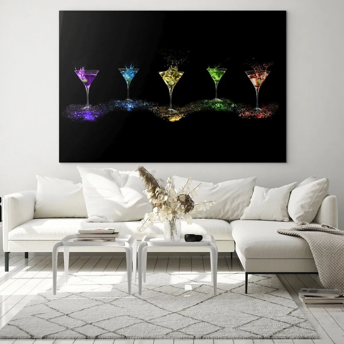 Glastavla - Bild på glas - Färgglada drycker i glas på svart bakgrund - 70x50cm - Glädjens färger i kristallglaset - Modern väggdekoration för vardagsrum och sovrum ARTTOR