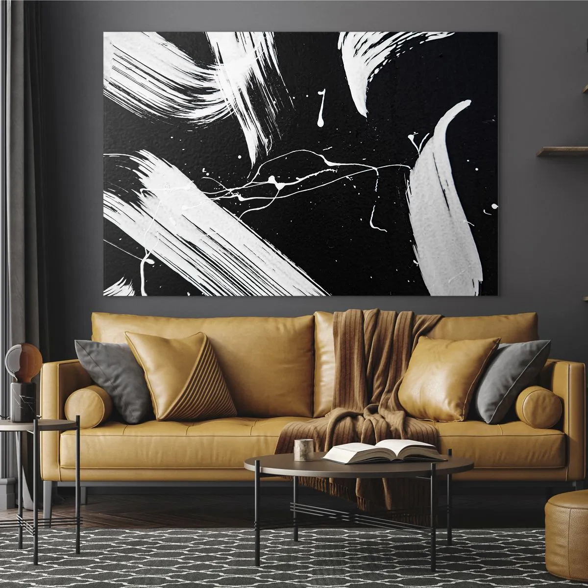 Glastavla - Bild på glas - Vita penseldrag på svart bakgrund - 70x50cm - Bryta mörkret - Modern väggdekoration för vardagsrum och sovrum ARTTOR