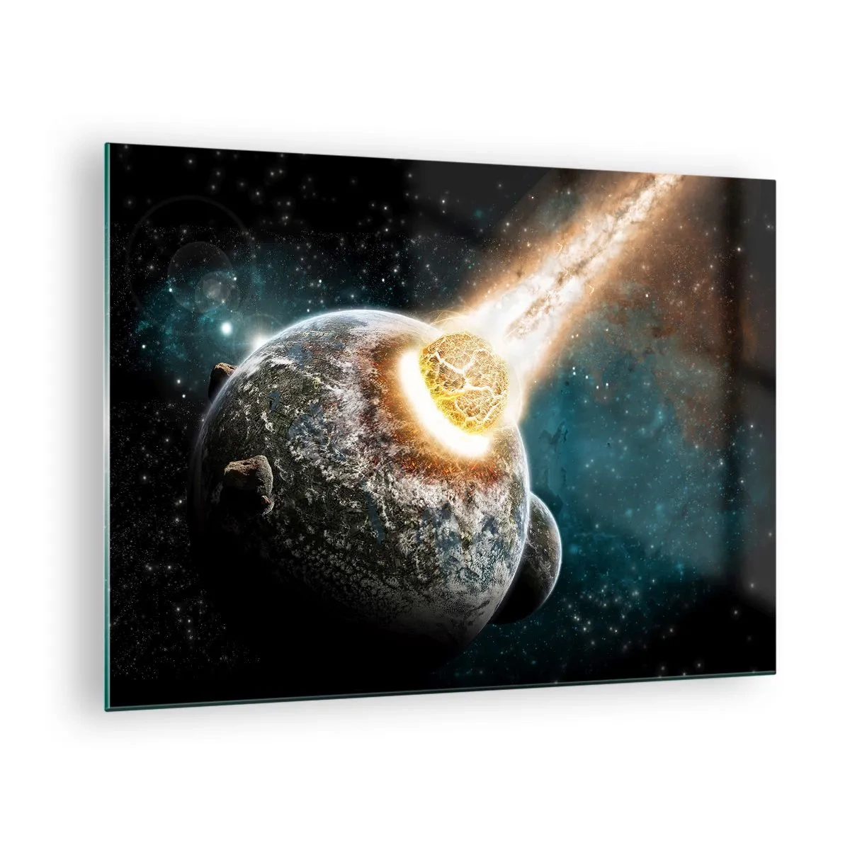 Glastavla - Bild på glas - En planet som kolliderar med en meteorit - 70x50cm - Förödelse eller födsel? - Modern väggdekoration för vardagsrum och sovrum ARTTOR