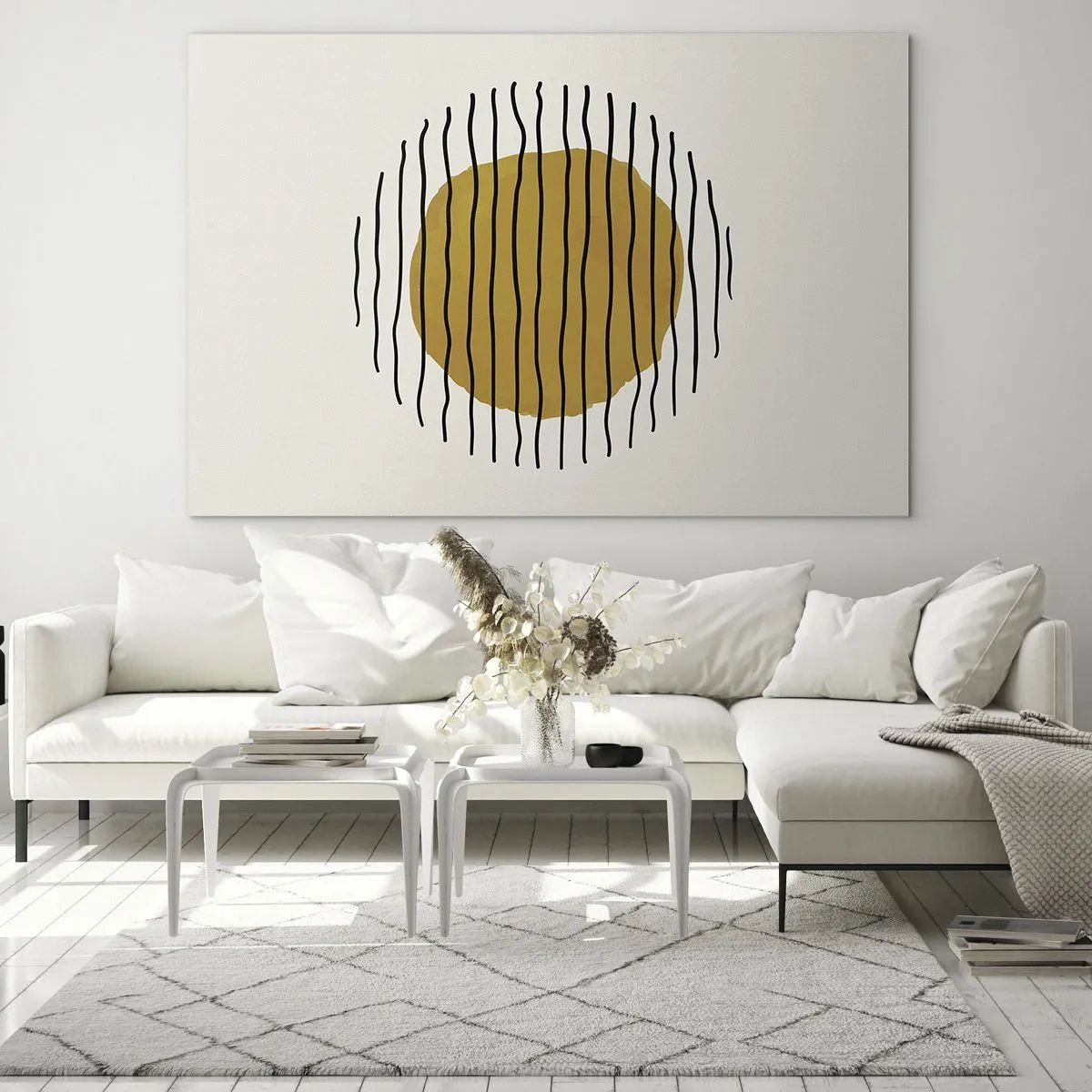 Glastavla - Bild på glas - En minimalistisk komposition med en gul cirkel och svarta linjer. - 70x50cm - Abstraktion som darrar av glöd - Modern väggdekoration för vardagsrum och sovrum ARTTOR