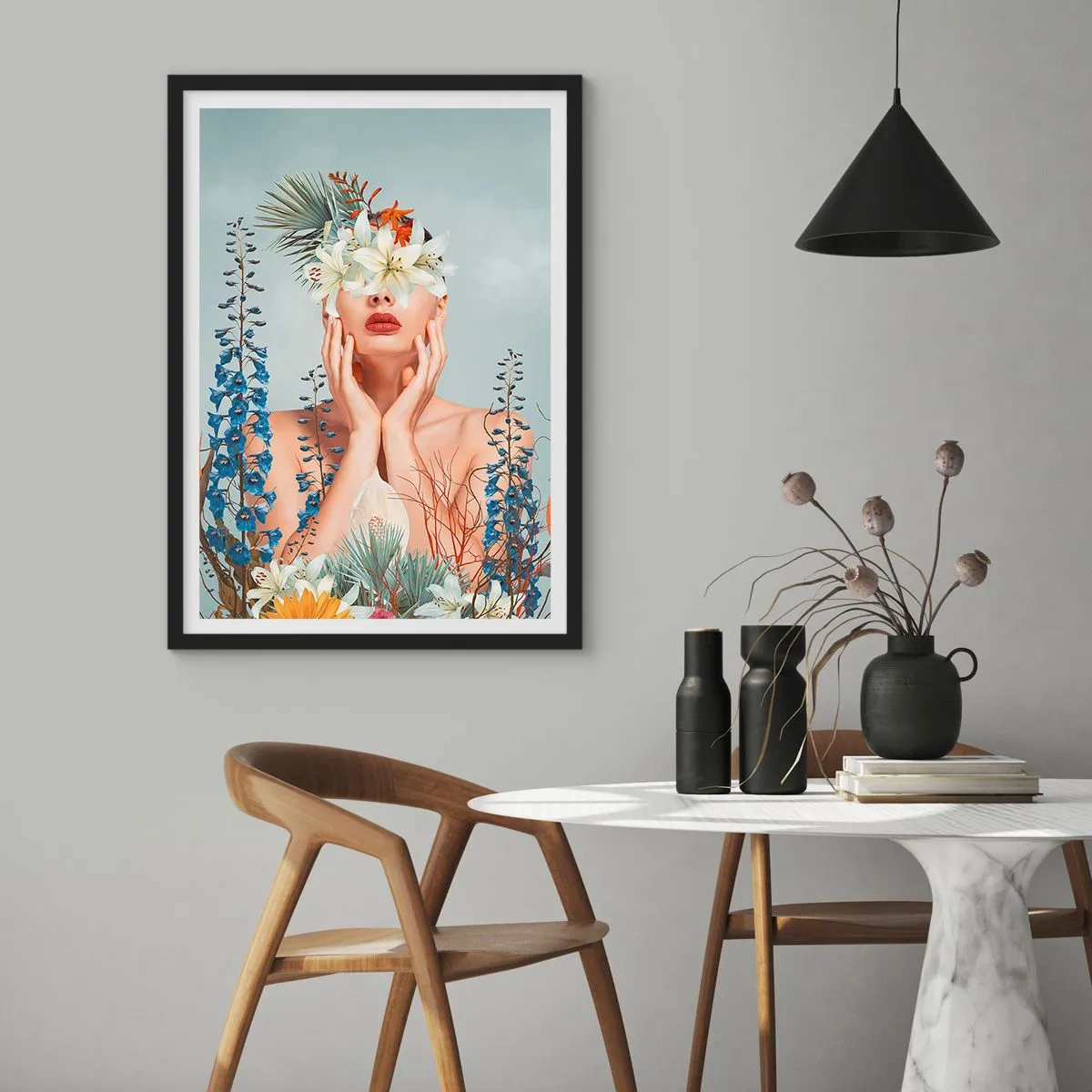 Affisch i svart ram - En kvinna omgiven av blommor i en surrealistisk komposition - 50x70cm - Kvinna - blomma - Modern väggdekoration för vardagsrum och sovrum ARTTOR