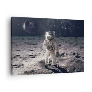Canvastavla - Bild på duk - Astronaut på månens yta med jorden i bakgrunden - 70x50cm - Hälsningar från månen - Modern väggdekoration för vardagsrum och sovrum ARTTOR