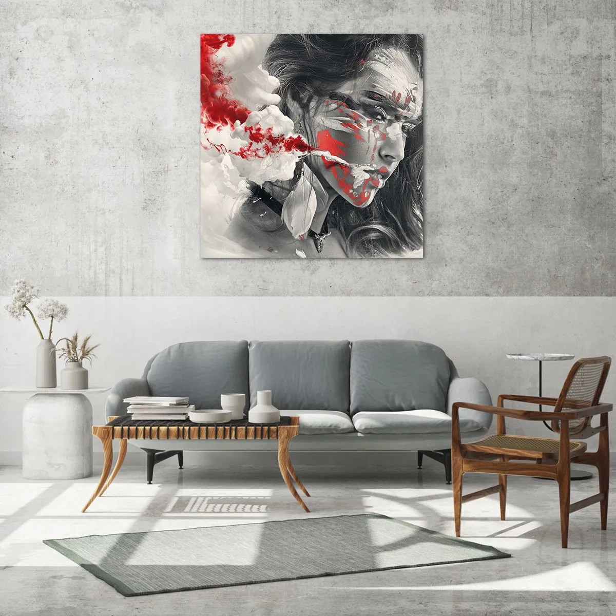 Glastavla - Bild på glas - Röd-vit absurdhet - 60x60 cm