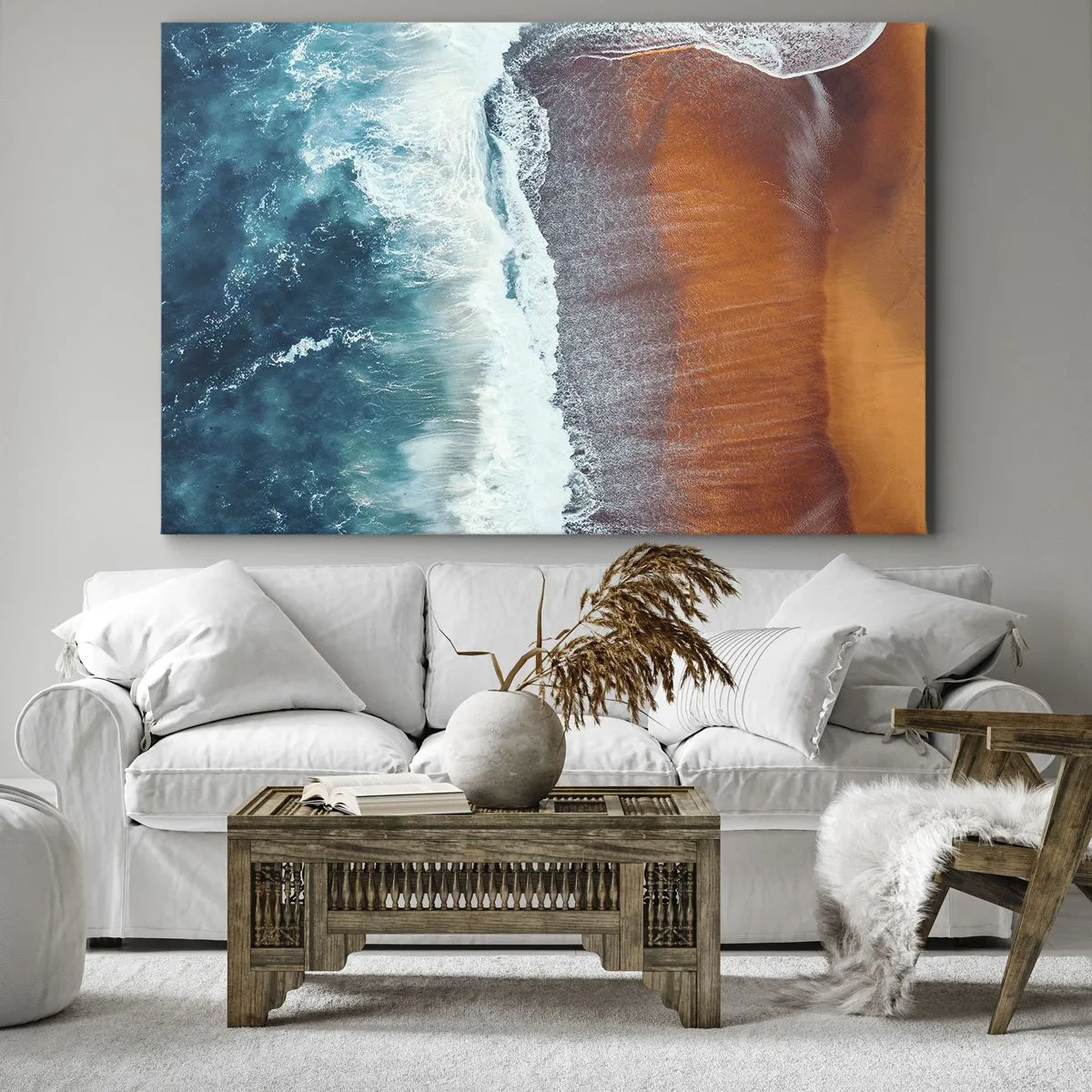 Canvastavla - Bild på duk - En vy över havsvågorna som slår mot den gyllene stranden - 70x50cm - En touch av havet - Modern väggdekoration för vardagsrum och sovrum ARTTOR