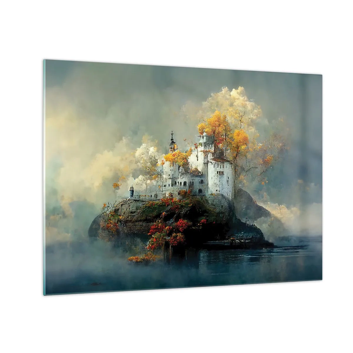 Glastavla - Bild på glas - Ett slott på en klippa omgivet av dimma och höstträd - 70x50cm - Början på en romantisk historia - Modern väggdekoration för vardagsrum och sovrum ARTTOR