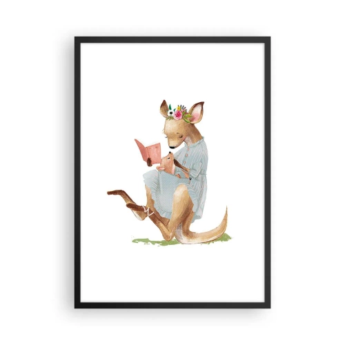 Affisch i svart ram - En känguru som läser en bok med ett barn i en konstnärlig stil. - 50x70cm - Mamma, läs för mig - Modern väggdekoration för vardagsrum och sovrum ARTTOR