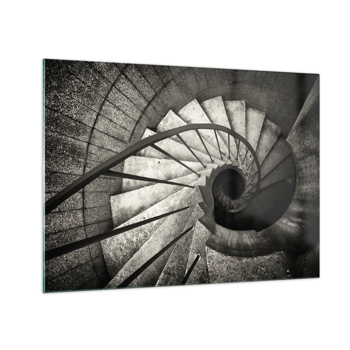 Glastavla - Bild på glas - En svartvit spiraltrappa från ett fågelperspektiv - 70x50cm - Uppför trappan, nedför trappan - Modern väggdekoration för vardagsrum och sovrum ARTTOR