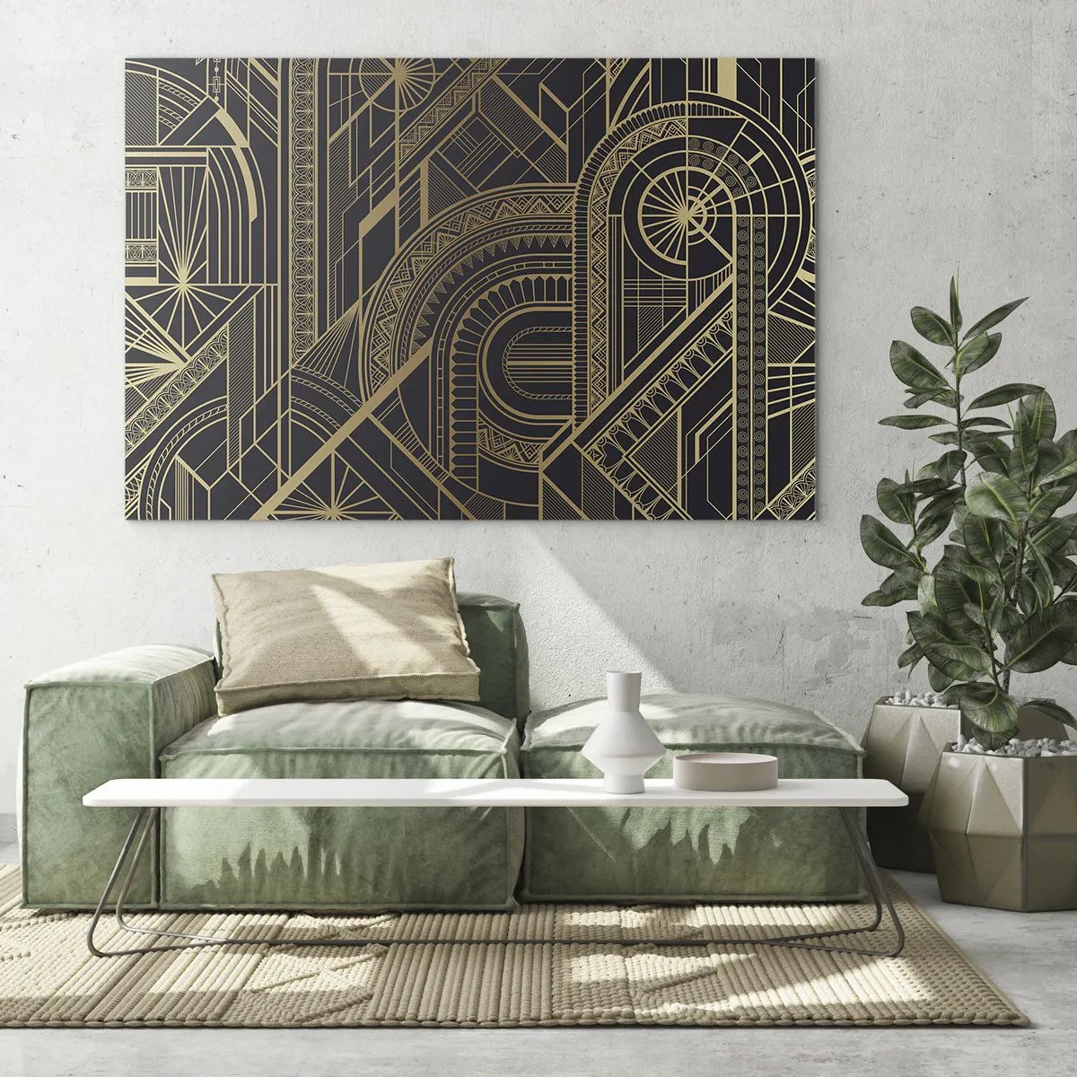 Glastavla - Bild på glas - Geometriskt art déco-mönster i guld och svart - 70x50cm - Koncept, idéer, planer - Modern väggdekoration för vardagsrum och sovrum ARTTOR