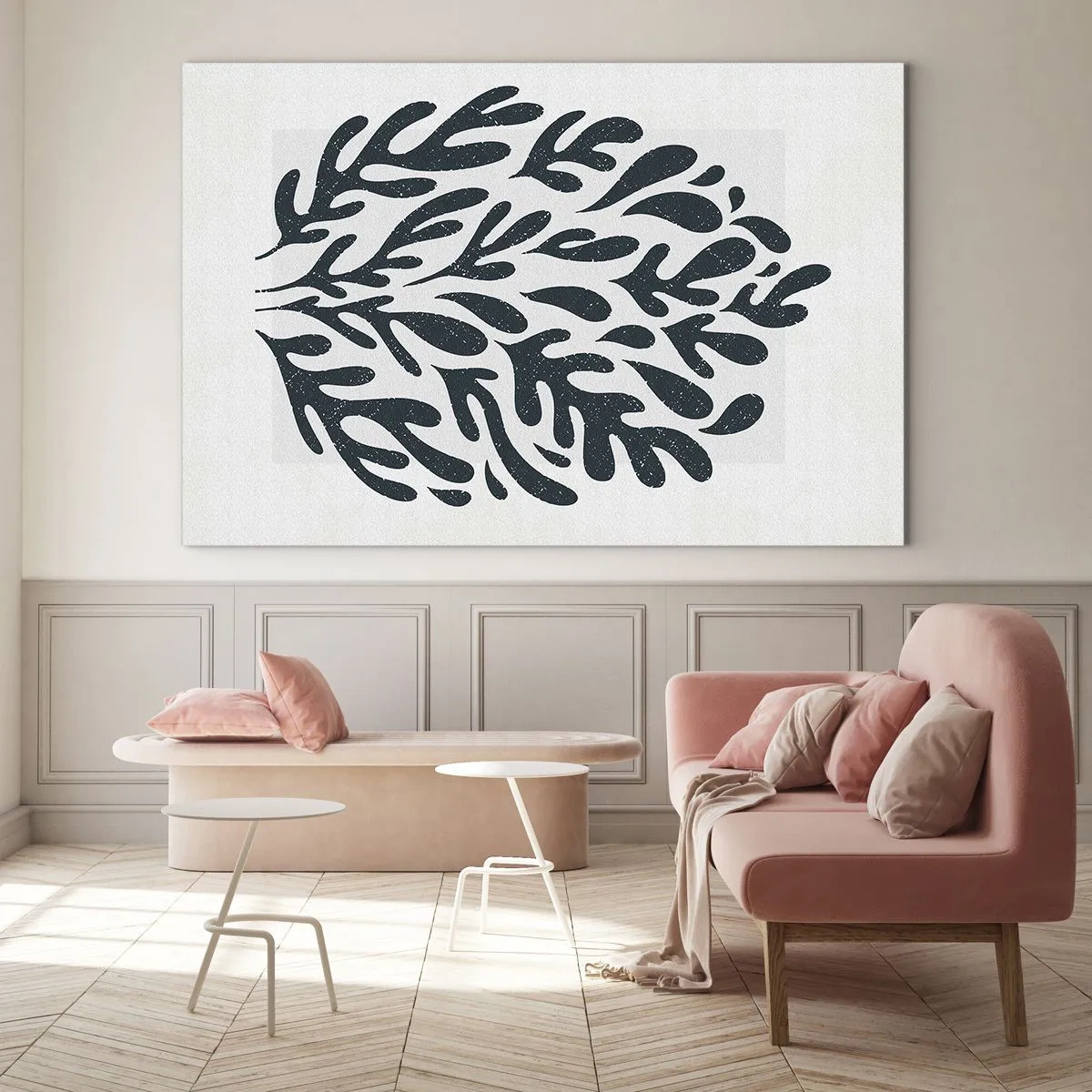 Glastavla - Bild på glas - Svart organisk form på vit bakgrund - 70x50cm - Naturens former - Modern väggdekoration för vardagsrum och sovrum ARTTOR