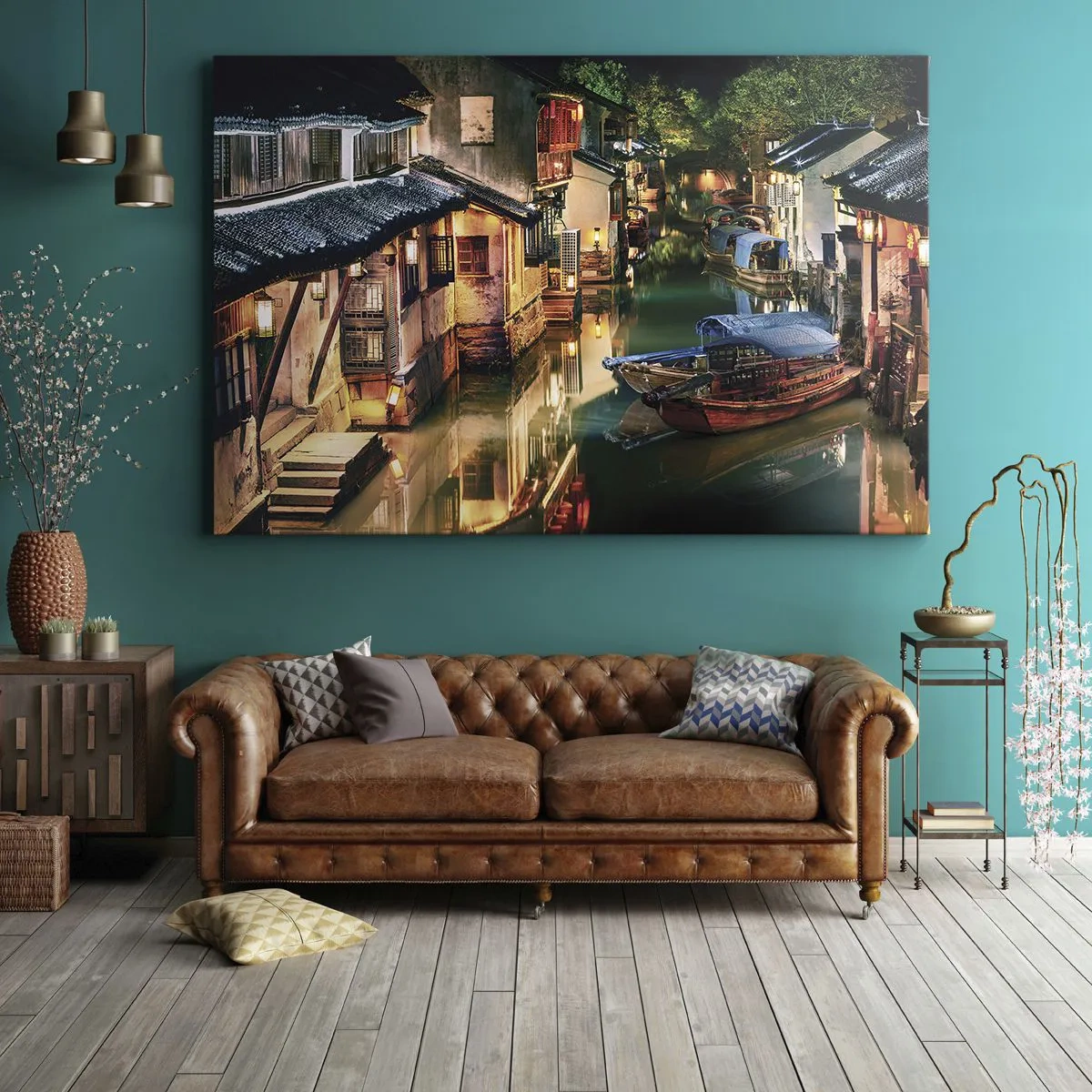 Canvastavla - Bild på duk - Nattvy över kanalerna med traditionella båtar och hus - 70x50cm - En kväll på kinesisk gata - Modern väggdekoration för vardagsrum och sovrum ARTTOR