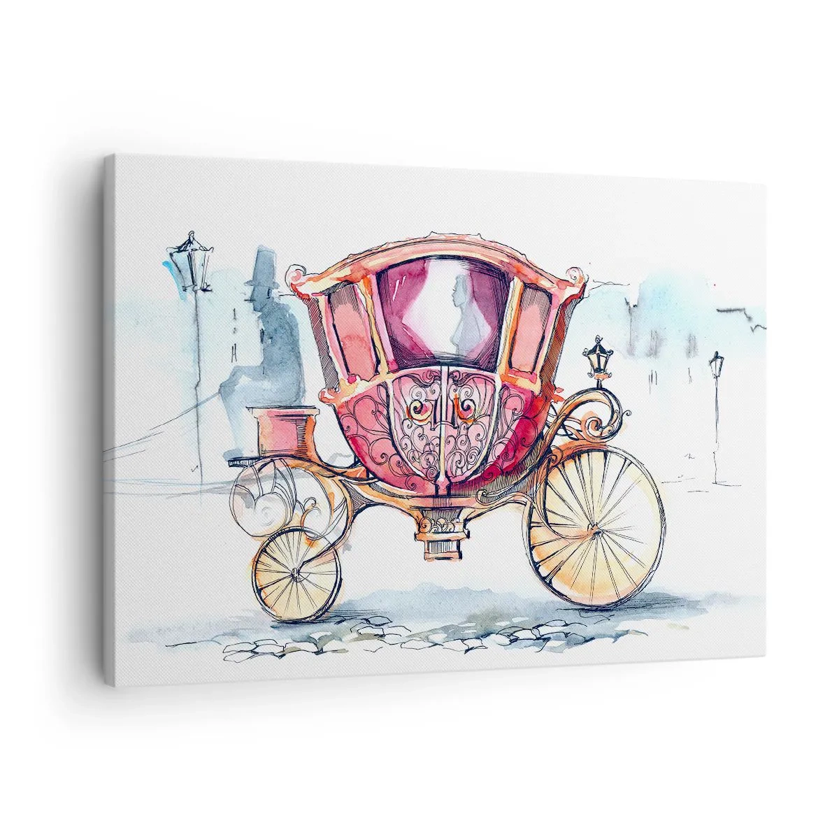 Canvastavla - Bild på duk - En snygg illustration av en antik vagn i pastellfärger. - 70x50cm - Bröllop eller bal? - Modern väggdekoration för vardagsrum och sovrum ARTTOR
