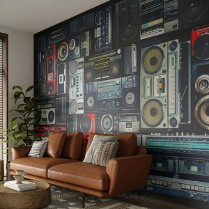 Fototapet Standard Eco - Längtan efter 80-talet - Bandspelare, Musikförstärkare, Vintage musikalisk utrustning - 400x280 cm