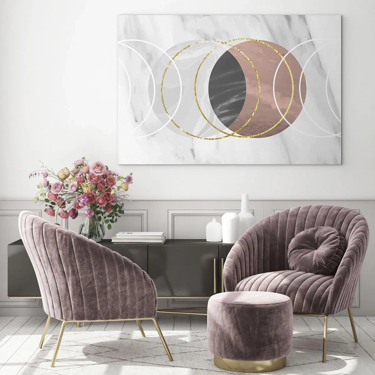 Glastavla - Bild på glas - Geometriska cirklar i nyanser av koppar, guld och marmor - 70x50cm - Sfärernas musik - Modern väggdekoration för vardagsrum och sovrum ARTTOR