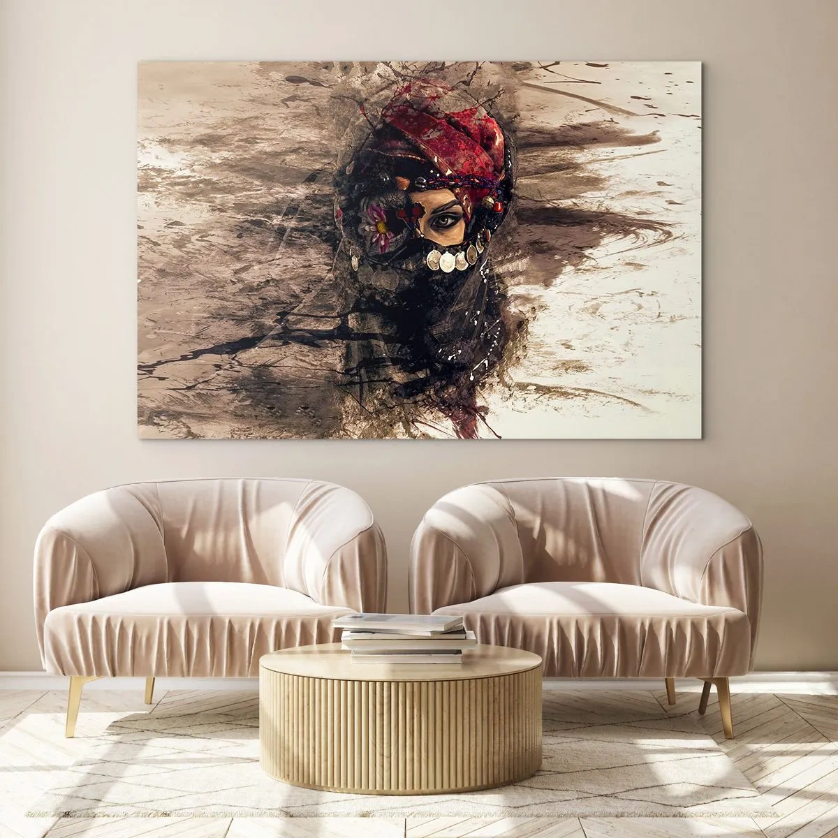 Glastavla - Bild på glas - Porträtt av en mystisk kvinna i röd turban - 70x50cm - Minst intrigerande - Modern väggdekoration för vardagsrum och sovrum ARTTOR
