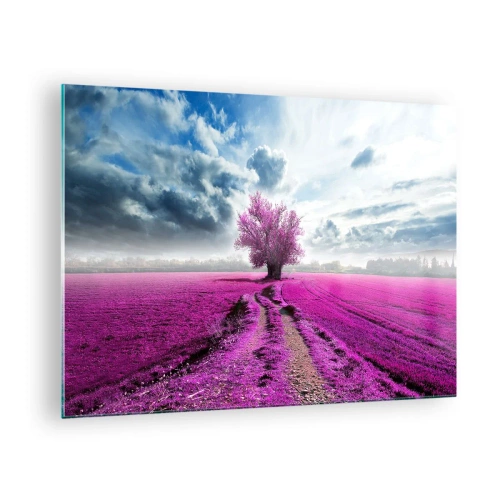 Glastavla - Bild på glas - Ett träd i ett ljungfält under en dynamisk himmel - 70x50cm - Ljunghed - Modern väggdekoration för vardagsrum och sovrum ARTTOR