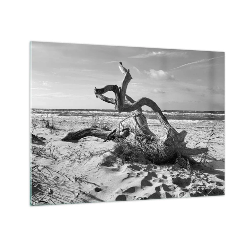 Glastavla - Bild på glas - Ett svartvitt landskap med en fallen gren på en strand vid havet. - 70x50cm - Havets skulptur - Modern väggdekoration för vardagsrum och sovrum ARTTOR