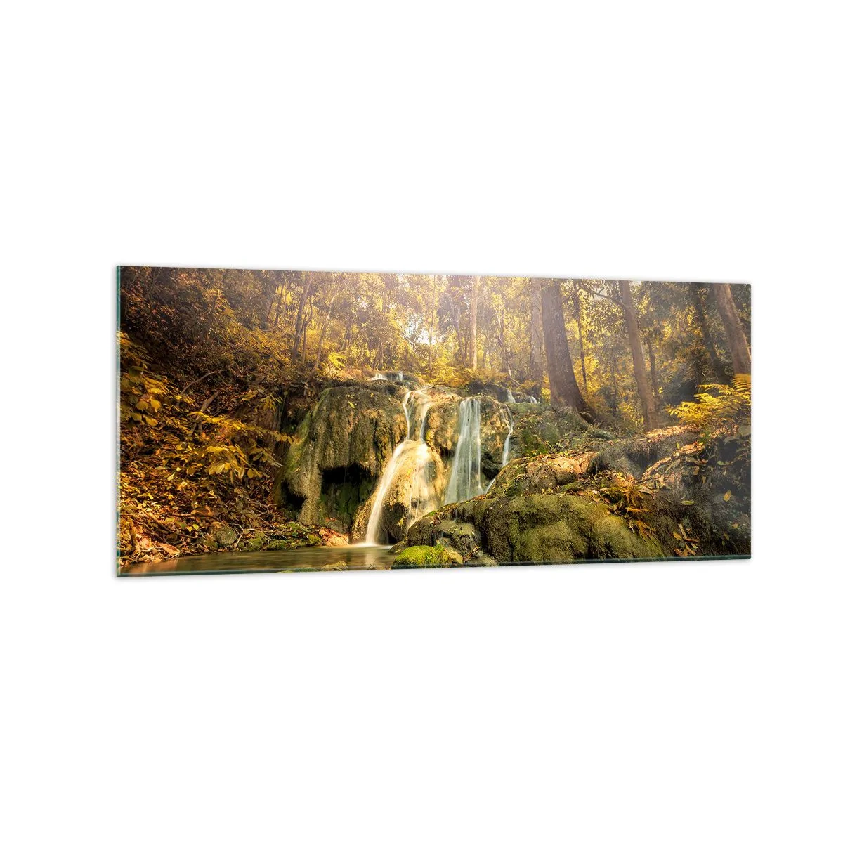 Glastavla - Bild på glas - Skogkaskad i grönt - 120x50 cm