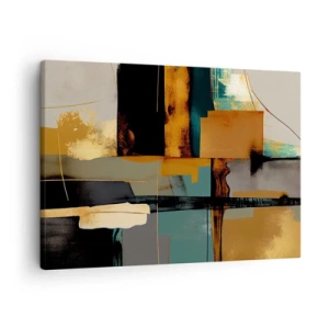 Canvastavla - Bild på duk - Abstrakt komposition med guld- och turkosa element - 70x50cm - Abstraktion - ljus och skugga - Modern väggdekoration för vardagsrum och sovrum ARTTOR