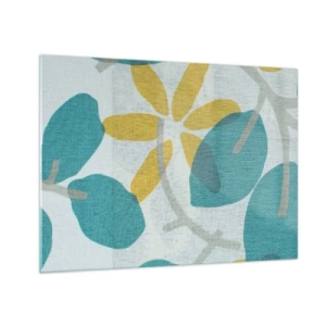 Glastavla - Bild på glas - En växtgrafik med azurblå blad och gula blommor - 70x50cm - Bland azurblå blad - Modern väggdekoration för vardagsrum och sovrum ARTTOR