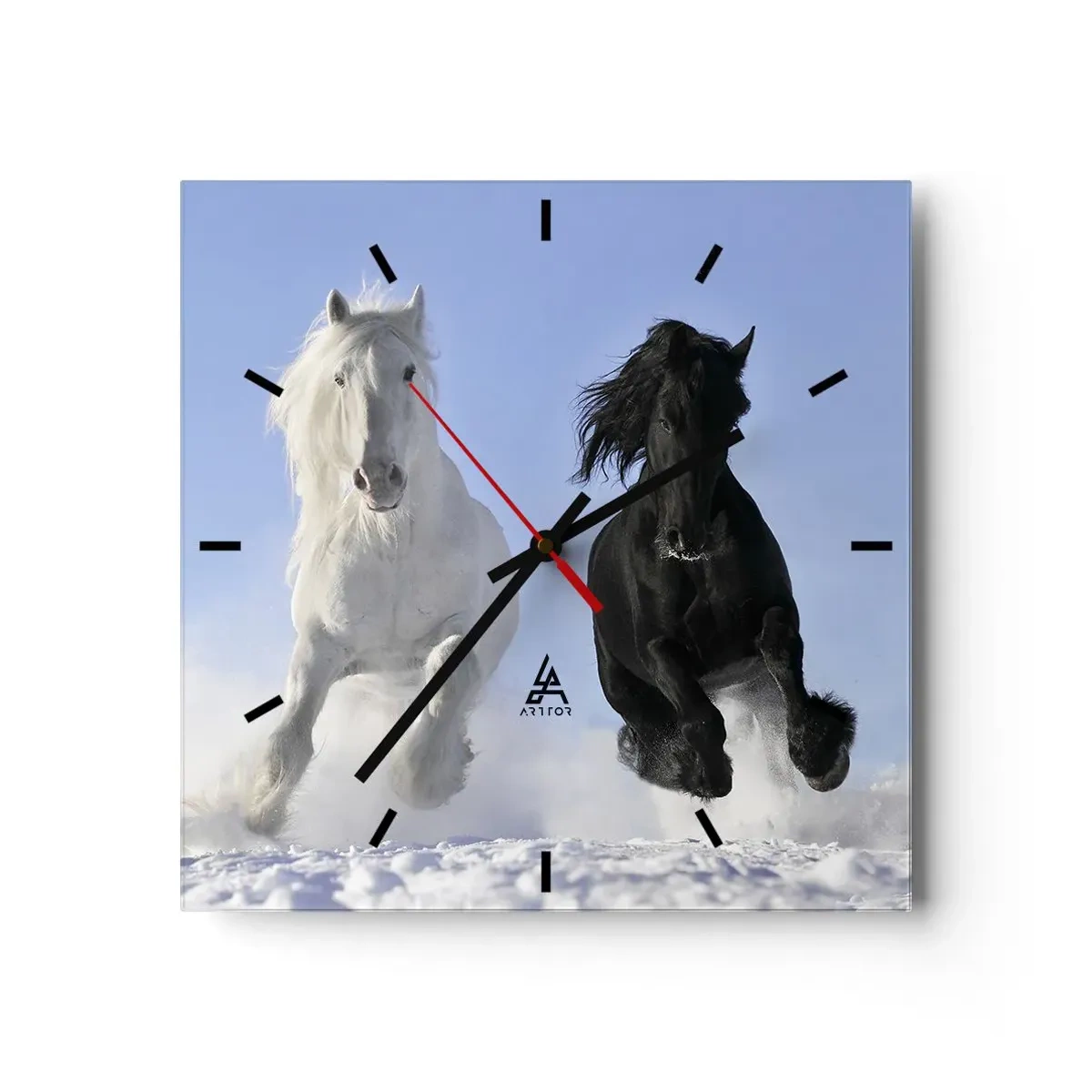 Väggklocka - Klocka på glas - Svart-vit galopp - 30x30 cm