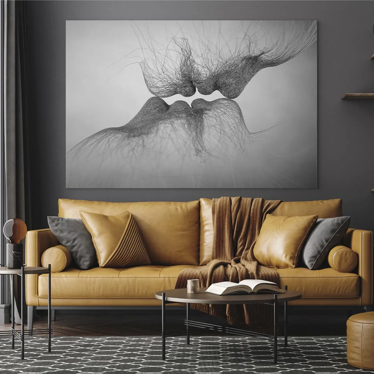 Glastavla - Bild på glas - Abstrakt kyss i svartvitt - 70x50cm - Vindens kyss - Modern väggdekoration för vardagsrum och sovrum ARTTOR