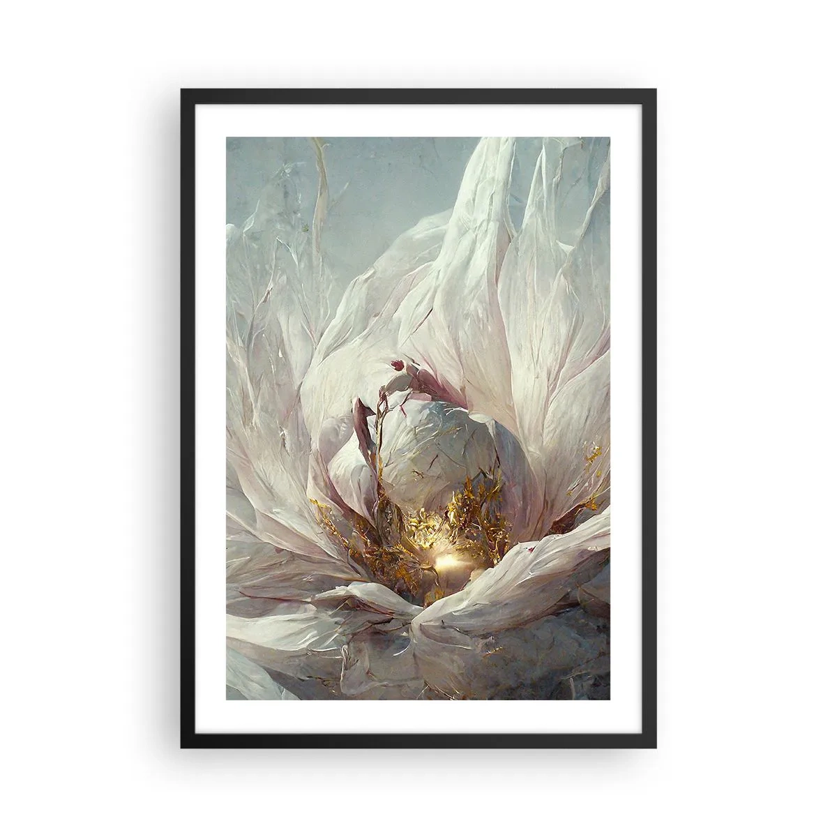 Affisch i svart ram - En subtil abstraktion med ett blomstermotiv i fina nyanser av vitt och guld. - 50x70cm - Blommar en gång på hundra år - Modern väggdekoration för vardagsrum och sovrum ARTTOR