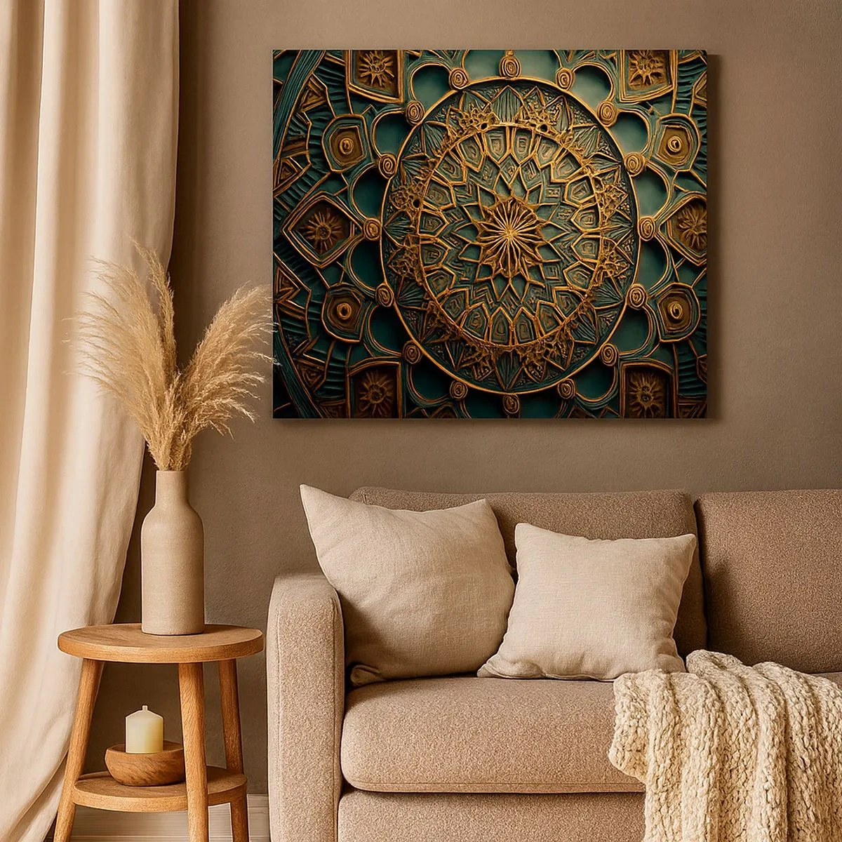 Canvastavla - Bild på duk - En guldmandala på turkos bakgrund med rika detaljer. - 70x50cm - I ett arabiskt klimat - Modern väggdekoration för vardagsrum och sovrum ARTTOR