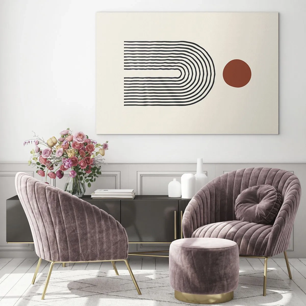 Glastavla - Bild på glas - Grafisk abstraktion med linjer och cirklar i retrostil - 70x50cm - Formernas och färgernas magnetism - Modern väggdekoration för vardagsrum och sovrum ARTTOR