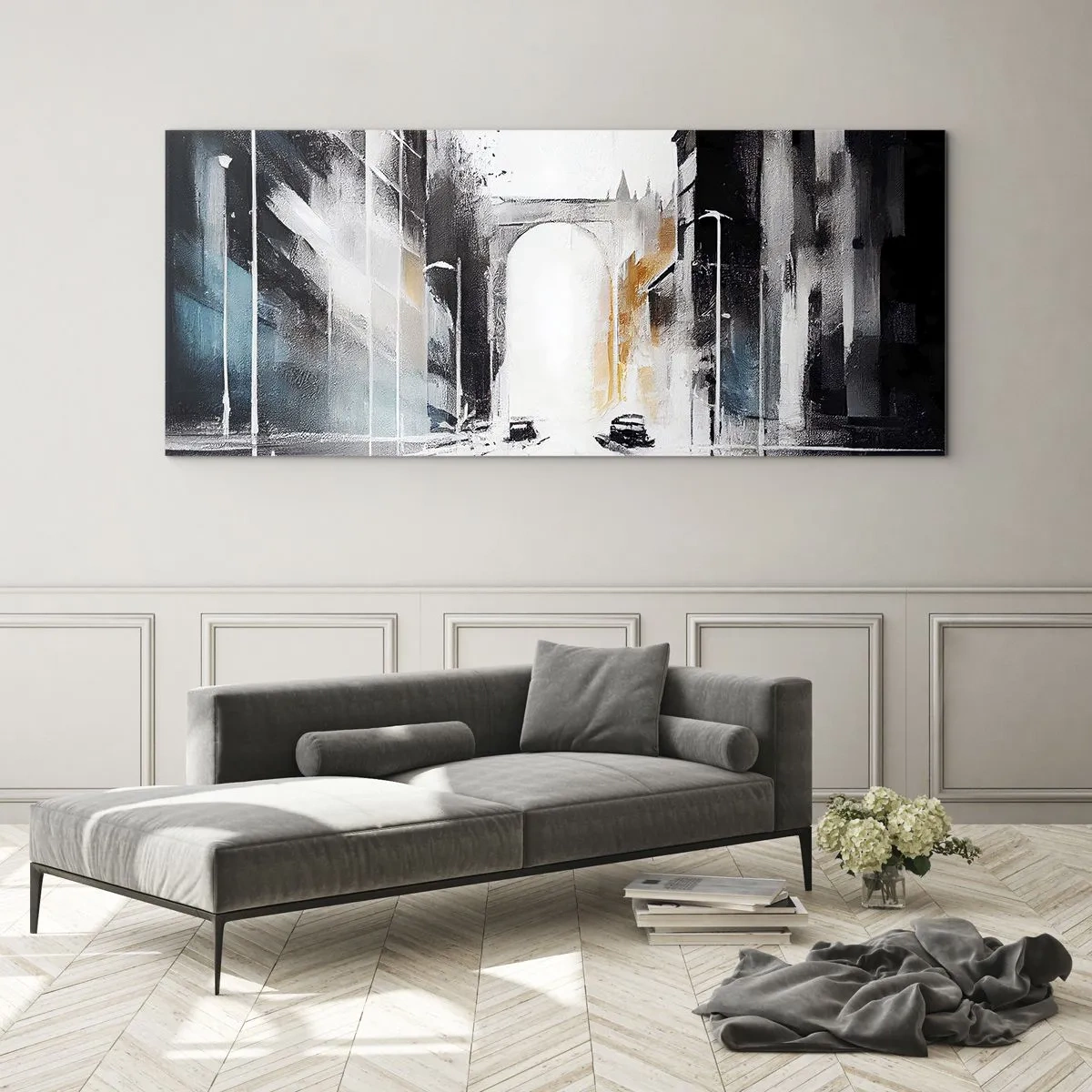 Glastavla - Bild på glas - Stadsstudie: arkitektur och rörelse - 100x40 cm