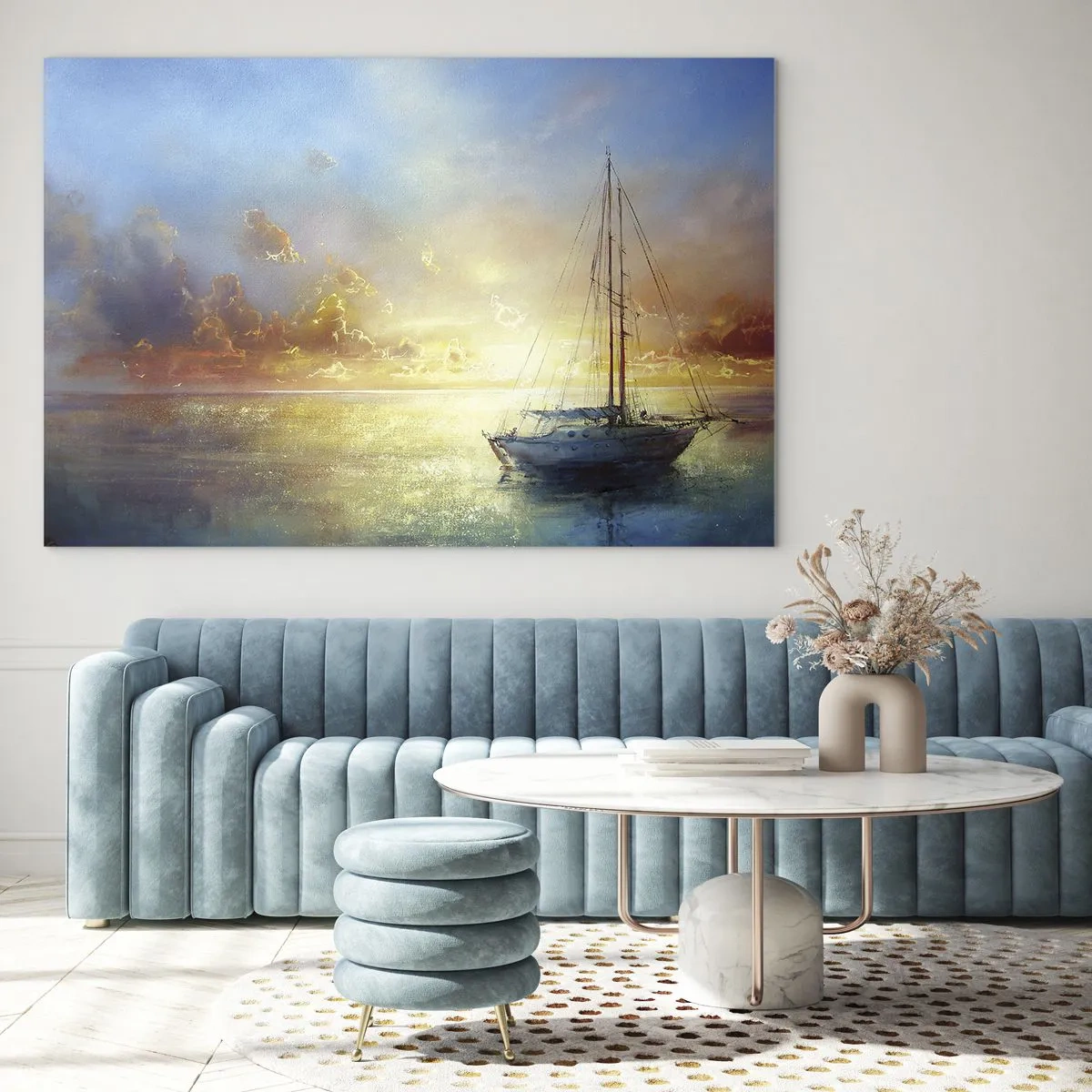 Glastavla - Bild på glas - En segelbåt på ett lugnt hav vid en gyllene solnedgång - 70x50cm - I guldviken - Modern väggdekoration för vardagsrum och sovrum ARTTOR