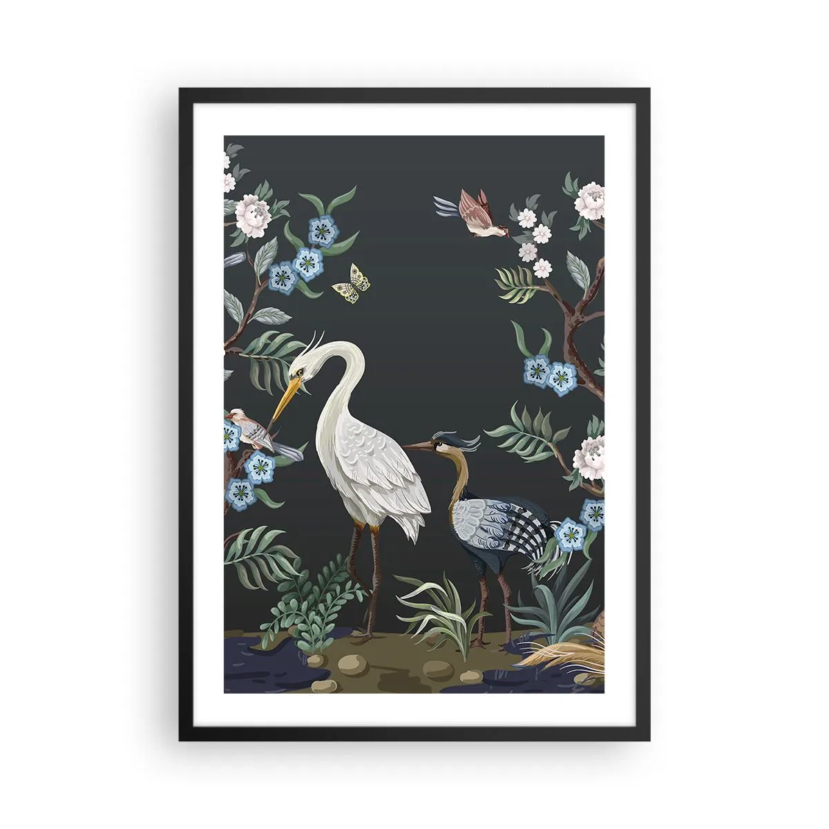 Affisch i svart ram - Illustration av fåglar bland blommor på en mörk bakgrund - 50x70cm - Fågelparad - Modern väggdekoration för vardagsrum och sovrum ARTTOR