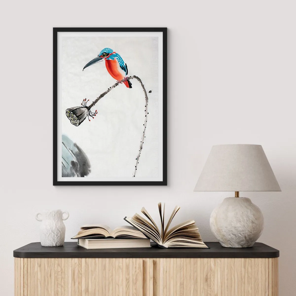 Affisch i svart ram - Färgglad kungsfiskare på en gren i akvarellstil - 50x70cm - Ängens liv - Modern väggdekoration för vardagsrum och sovrum ARTTOR