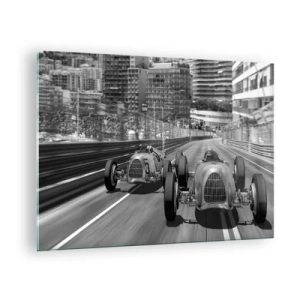 Glastavla - Bild på glas - Historisk biltävling i svartvitt - 70x50cm - För länge sedan i Monte Carlo - Modern väggdekoration för vardagsrum och sovrum ARTTOR
