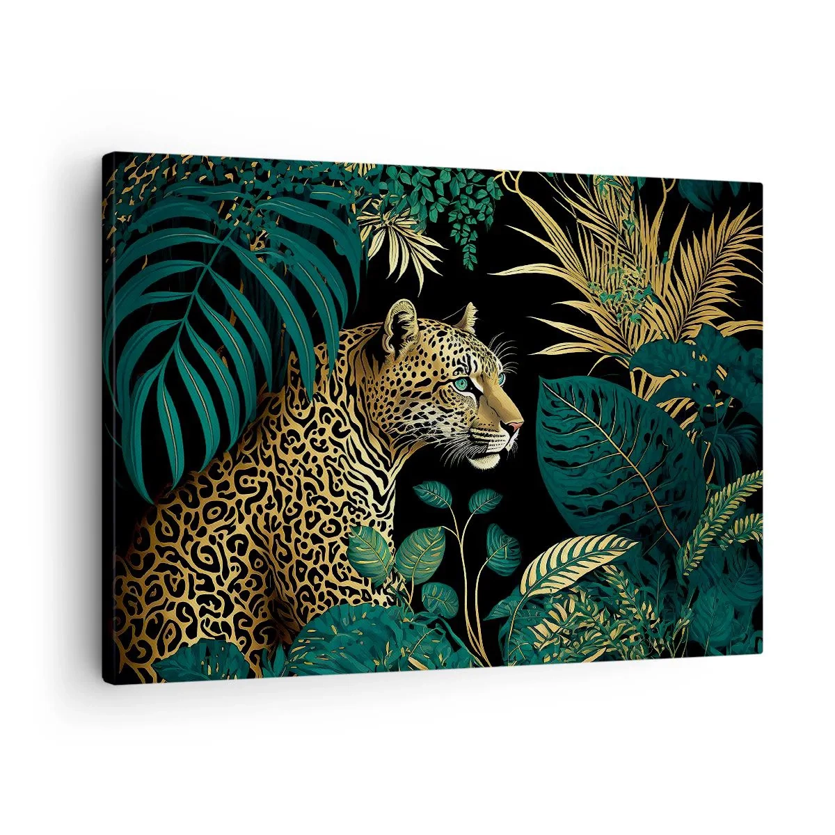 Canvastavla - Bild på duk - Leopard i tropiska löv på svart bakgrund - 70x50cm - Värden i djungeln - Modern väggdekoration för vardagsrum och sovrum ARTTOR